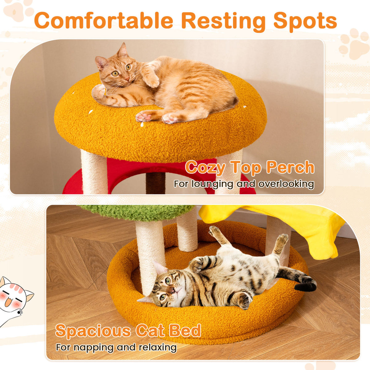 42 Inch Tall Modern Cat Tree Multi-Level with Padded Perch and Cat Bed-Yellow