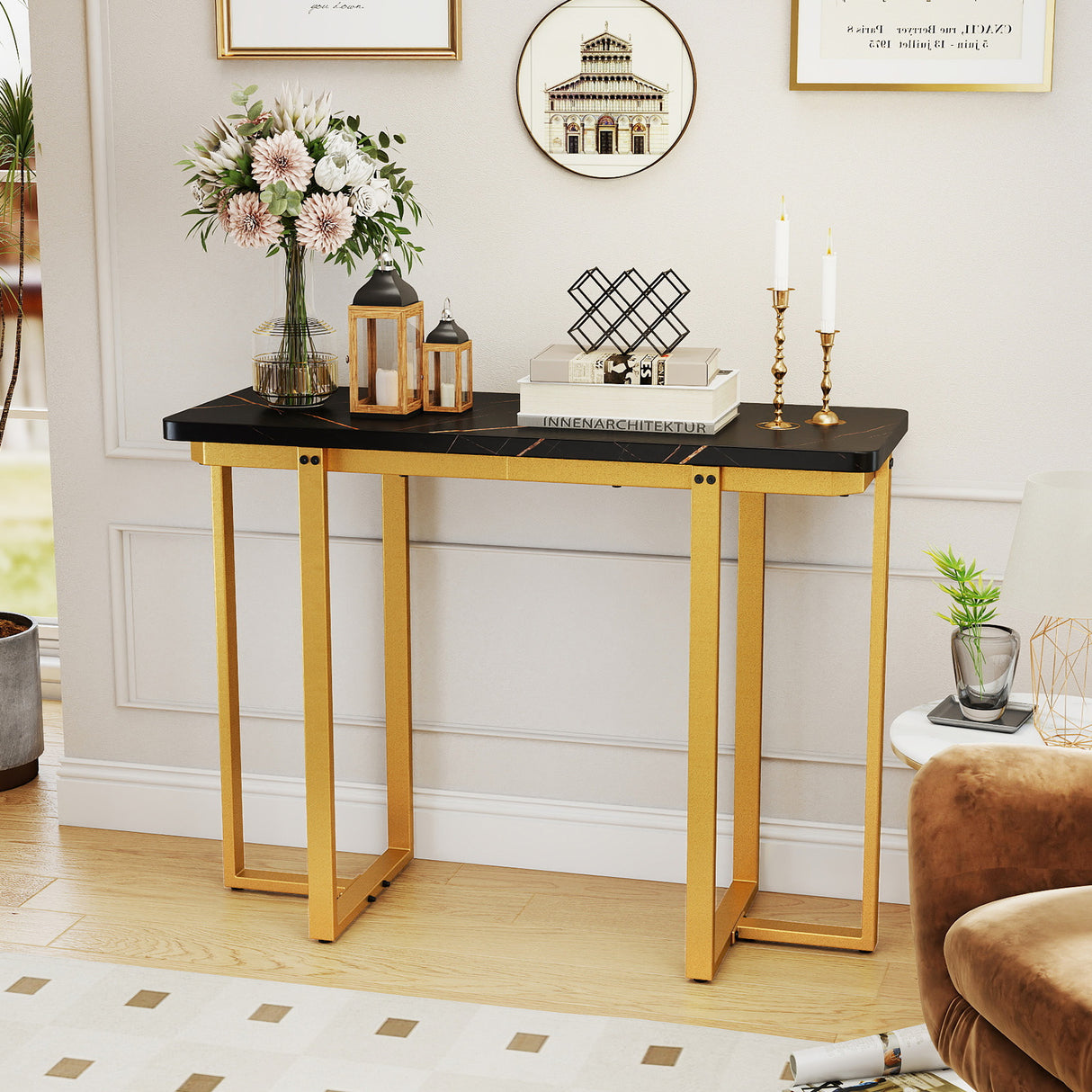 42 Inches Modern Faux Marble Entryway Table with Geometric Metal Frame-Black