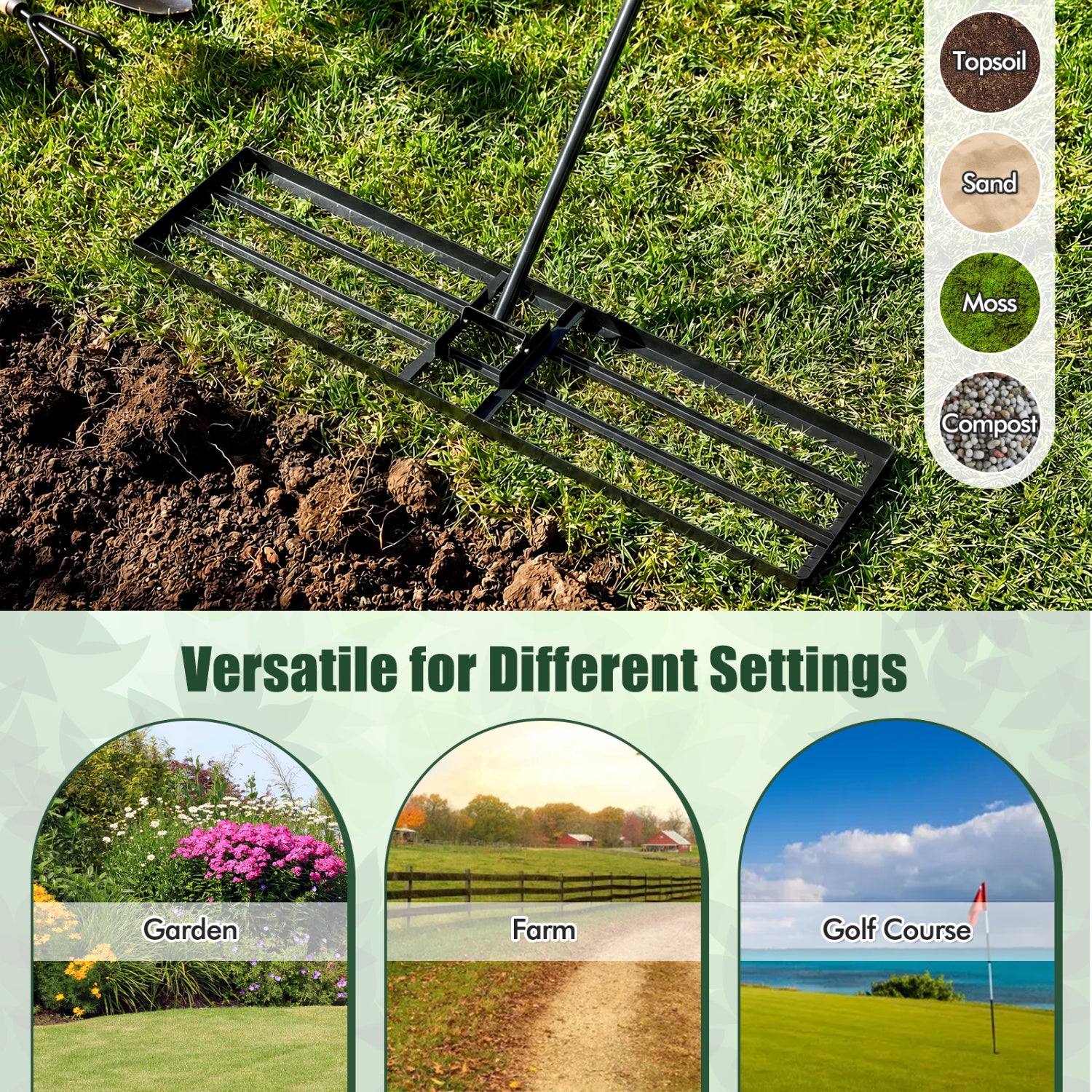 42 x 10 Inch Lawn Leveling Rake with Ergonomic Handle-Black
