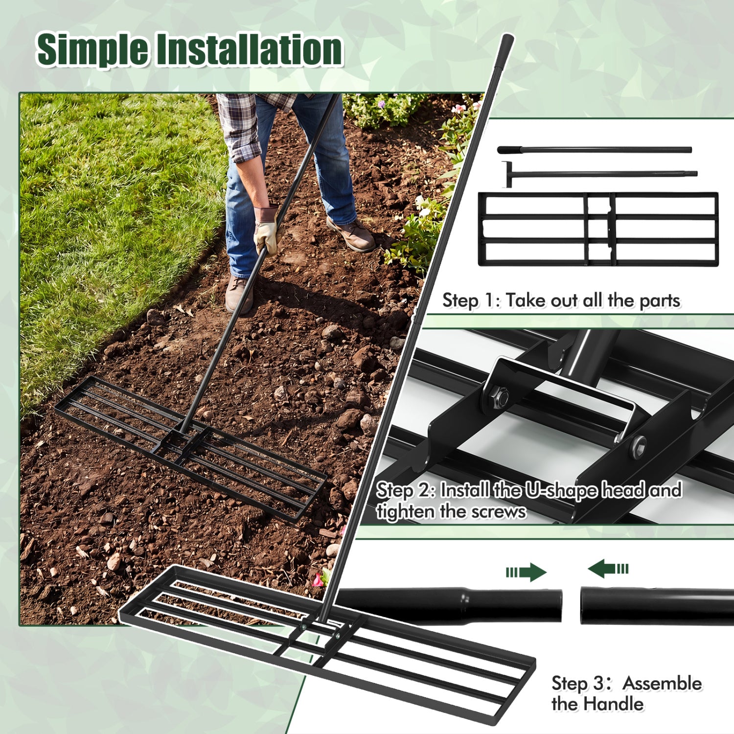 42 x 10 Inch Lawn Leveling Rake with Ergonomic Handle-Black