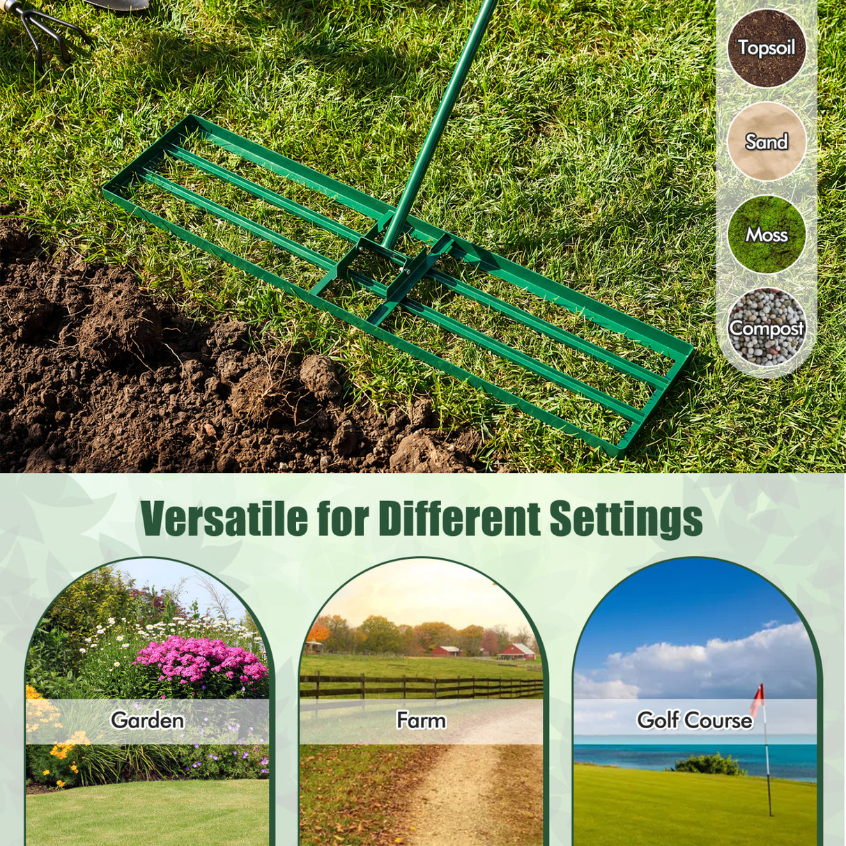 42 x 10 Inch Lawn Leveling Rake with Ergonomic Handle-Green