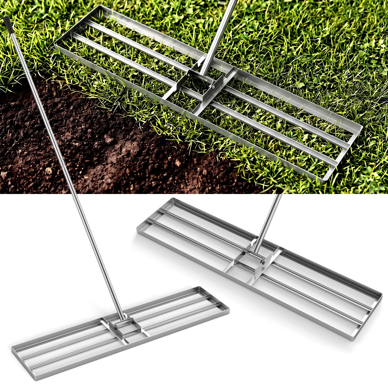 42 x 10 Inch Lawn Leveling Rake with Ergonomic Handle-Silver