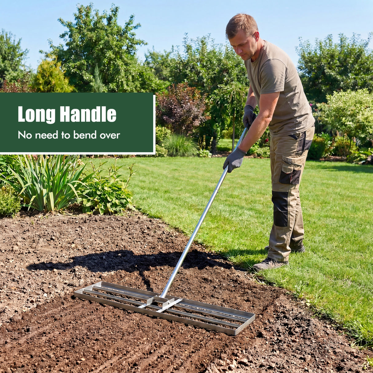 42 x 10 Inch Lawn Leveling Rake with Ergonomic Handle-Silver