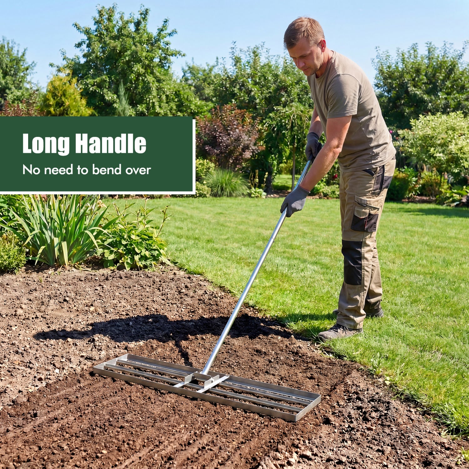 42 x 10 Inch Lawn Leveling Rake with Ergonomic Handle-Silver