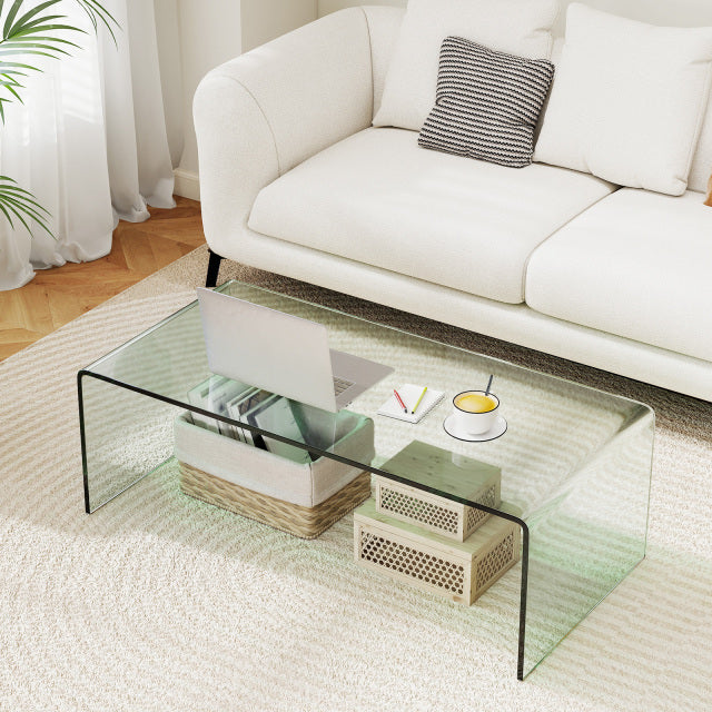 42 x 19.7 Inch Clear Tempered Glass Coffee Table with Rounded Edges-Transparent