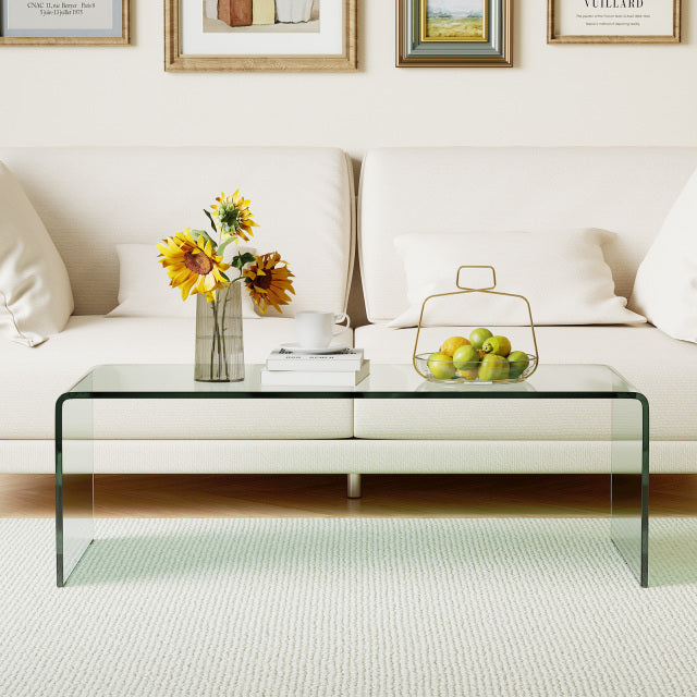 42 x 19.7 Inch Clear Tempered Glass Coffee Table with Rounded Edges-Transparent
