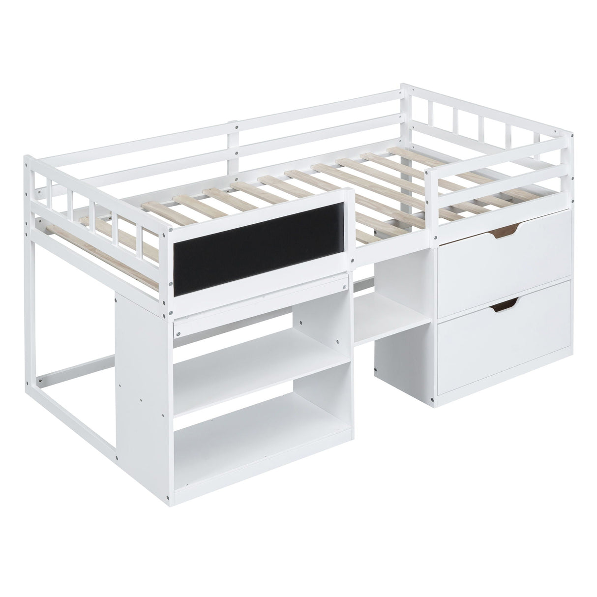 Low Loft Bed With Rolling Desk, Shelf And Drawers by Couch.com