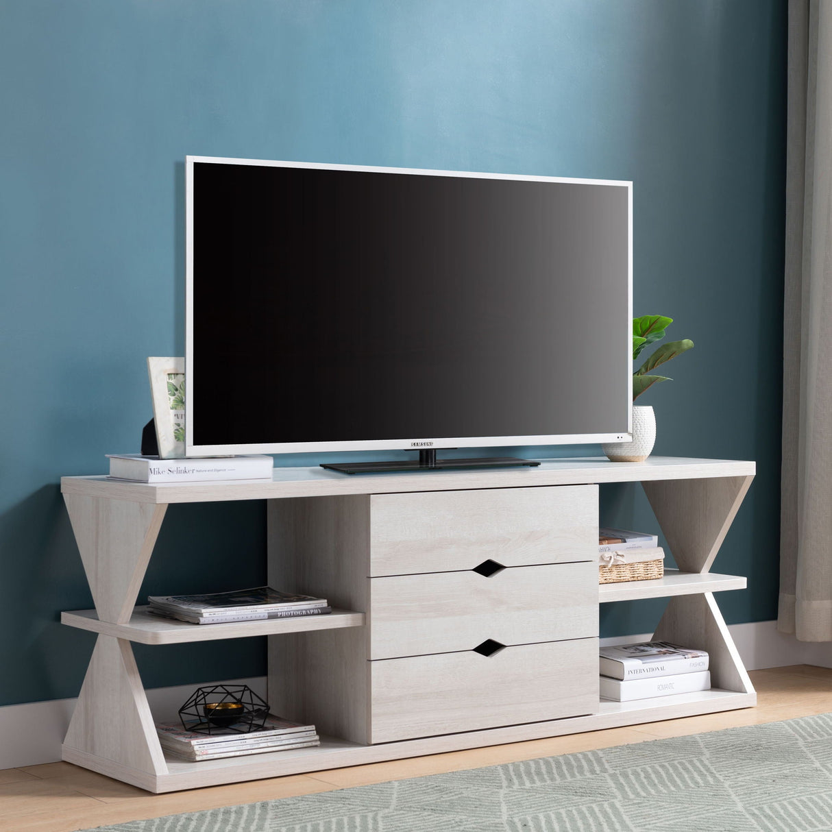 Modern TV Stand With Four Open Shelves And Three Storage Drawers - White Oak by Couch.com