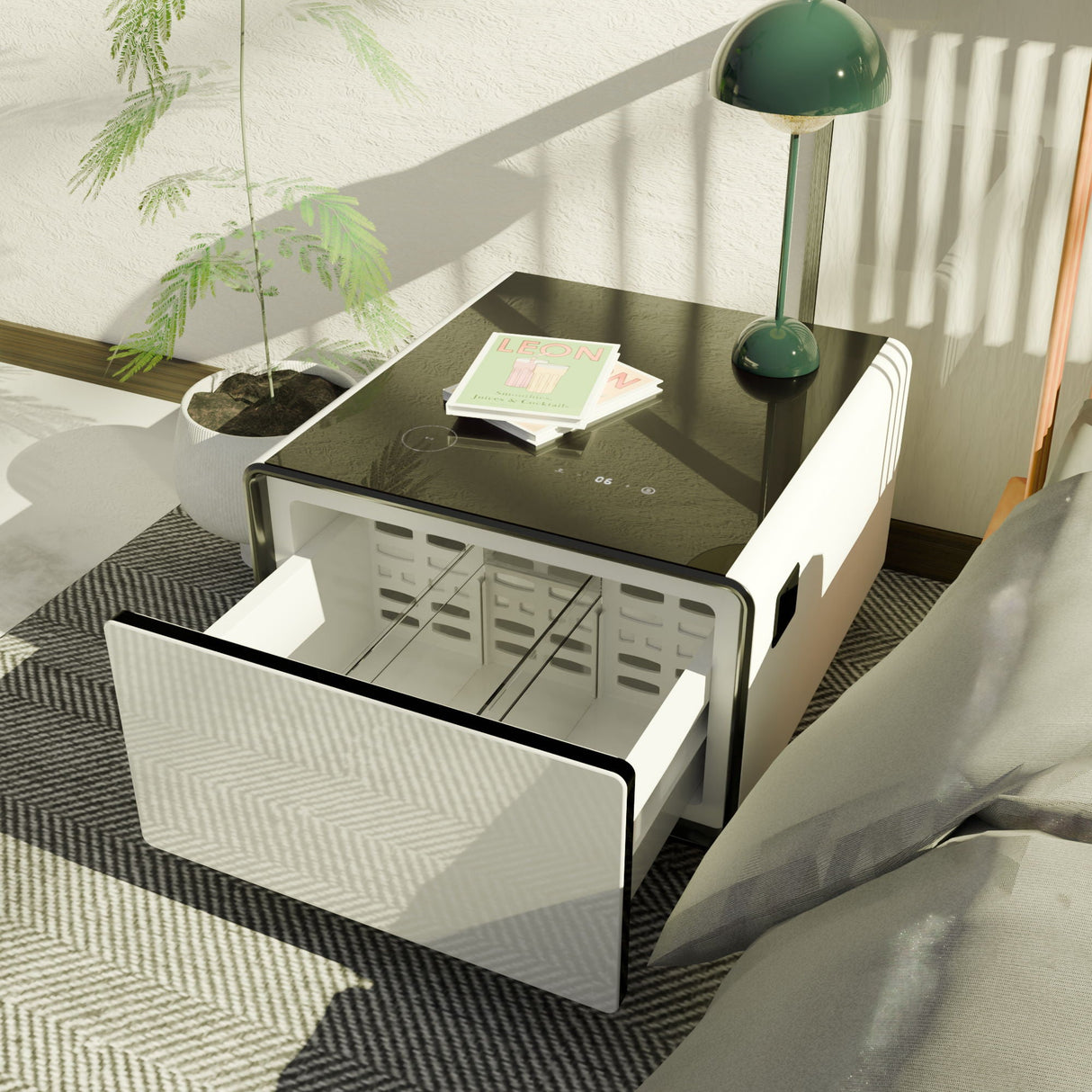 Modern Smart Side Table With Built-In Fridge, Wireless Charging, Temperature Control, Power Socket, USB Ports, Outlet Protection, Induction Light by Couch.com