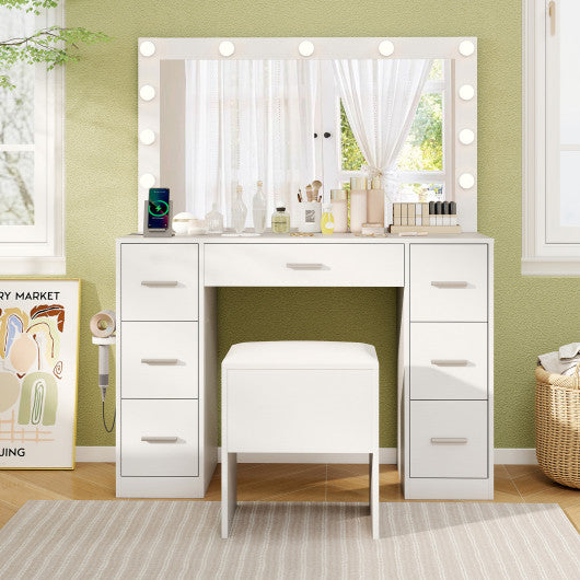 43.5-Inche Vanity Desk with Mirror and Lights for Bedroom-White