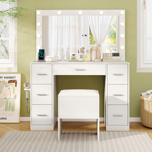 43.5-Inche Vanity Desk with Mirror and Lights for Bedroom-White