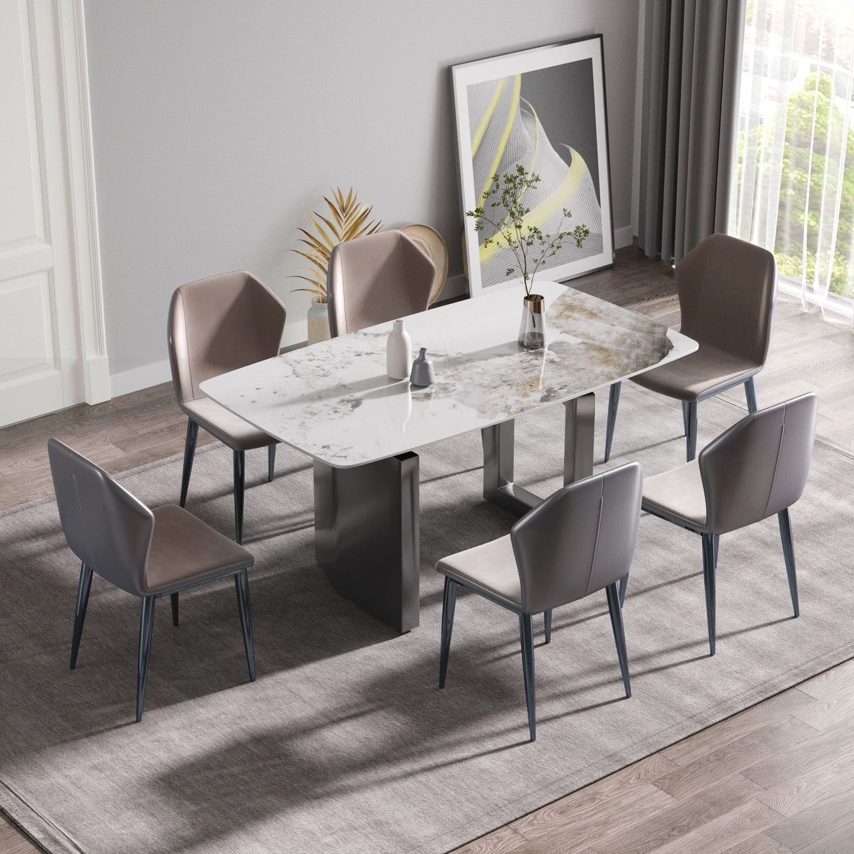 63" Modern Artificial Stone Pandora White Curved Metal Leg Dining Table, 6 People - Antique White / Black by Couch.com