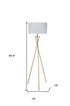65" Gold And White Tripod Floor Lamp With White Fabric Drum Shade