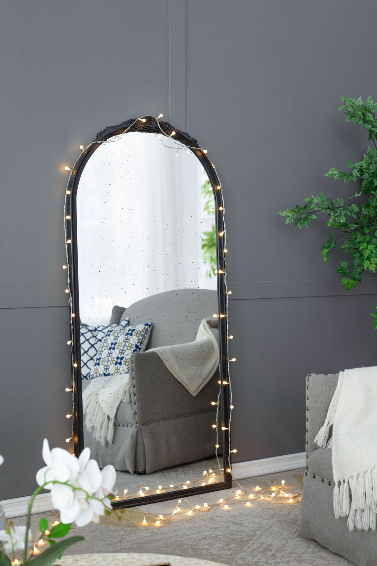 Hand Carved Rose Antique Mirror Frame, Wood Arch Mirror Wall Decor For Living Room by Couch.com