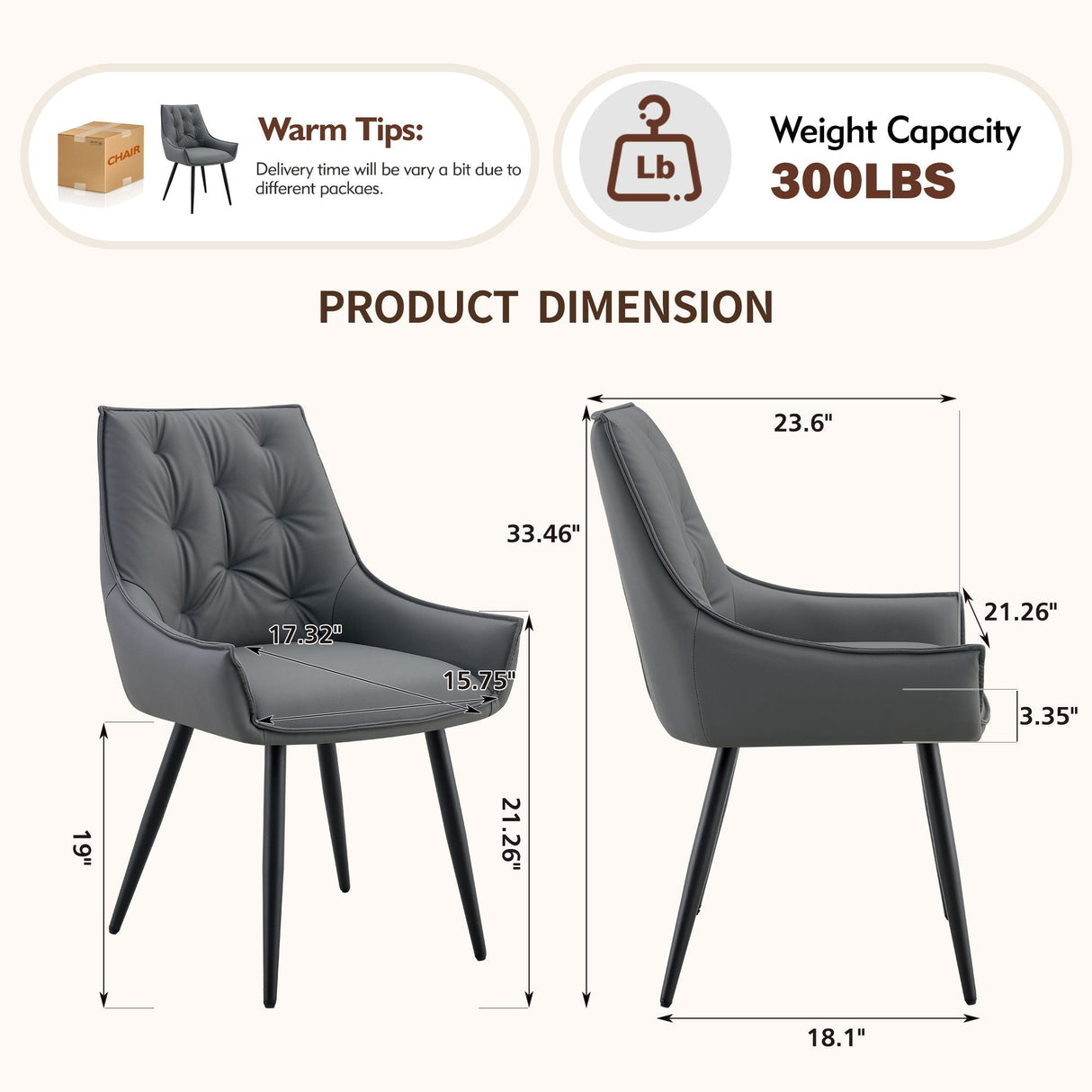 Dining Kitchen Chairs, Flat Back (Set of 2) - Dark Gray