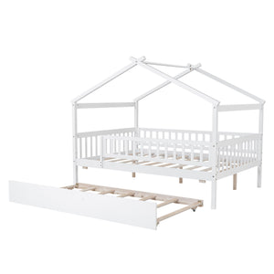 The Creativity House Bed with Twin Size Trundle features a white wooden, house-shaped frame, complete with a slatted base and guardrails.