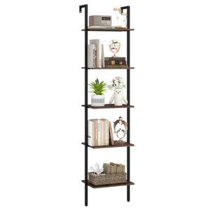 5 Tier Wall Mount Ladder Shelf with Anti-Tipping Kits for Home Office-Rustic Brown