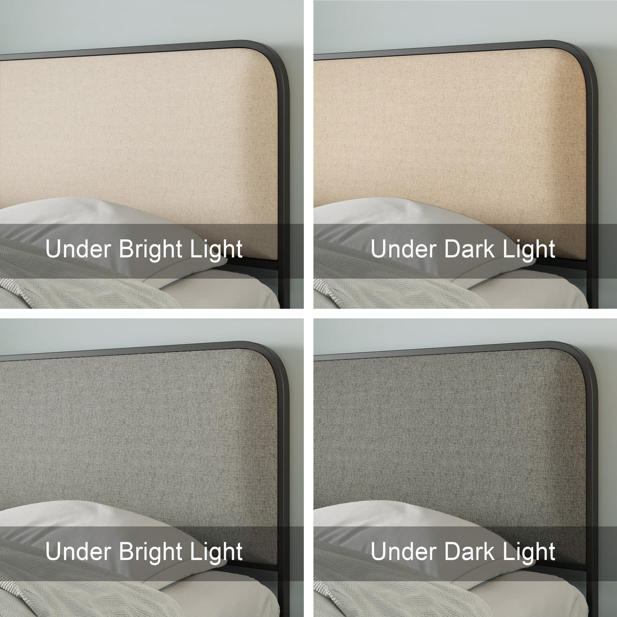 Four images feature the Modern Bed With Curved Upholstered Headboard And Footboard, Heavy Duty Metal Slats in various lighting: top-left and bottom-left reveal beige and light gray hues under bright light; top-right and bottom-right show taupe and dark gray shades in dim light.