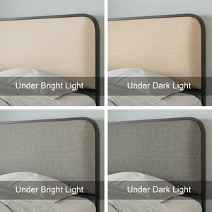 Four images feature the Modern Bed With Curved Upholstered Headboard And Footboard, Heavy Duty Metal Slats in various lighting: top-left and bottom-left reveal beige and light gray hues under bright light; top-right and bottom-right show taupe and dark gray shades in dim light.