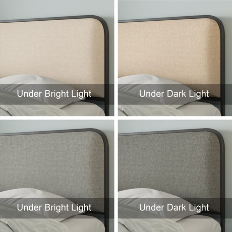 Four images feature the Modern Bed With Curved Upholstered Headboard And Footboard, Heavy Duty Metal Slats in various lighting: top-left and bottom-left reveal beige and light gray hues under bright light; top-right and bottom-right show taupe and dark gray shades in dim light.