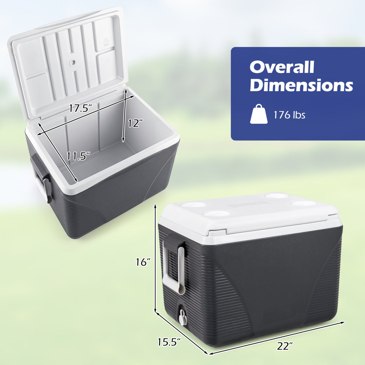 43.3 Quart Portable Hard Coolerwith Handles and 4 Cup Holders-Black