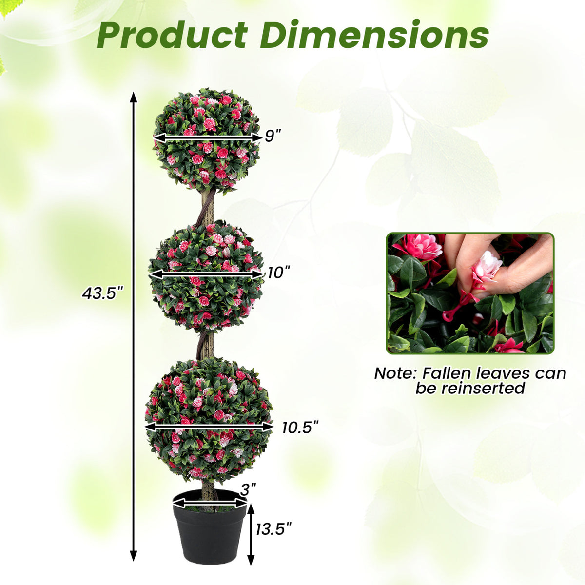 43.5" Artificial Triple Ball Rose Topiary Tree with Lifelike Blooms and Green Leaves