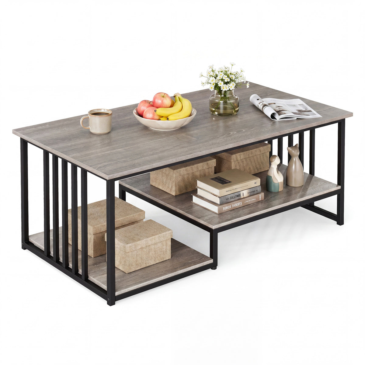43.5" Coffee Table 2-Tier with Open Storage Shelf-Oak