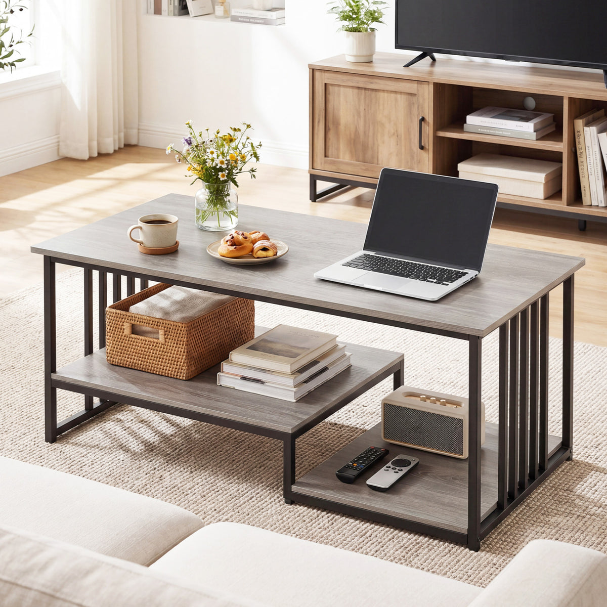 43.5" Coffee Table 2-Tier with Open Storage Shelf-Oak
