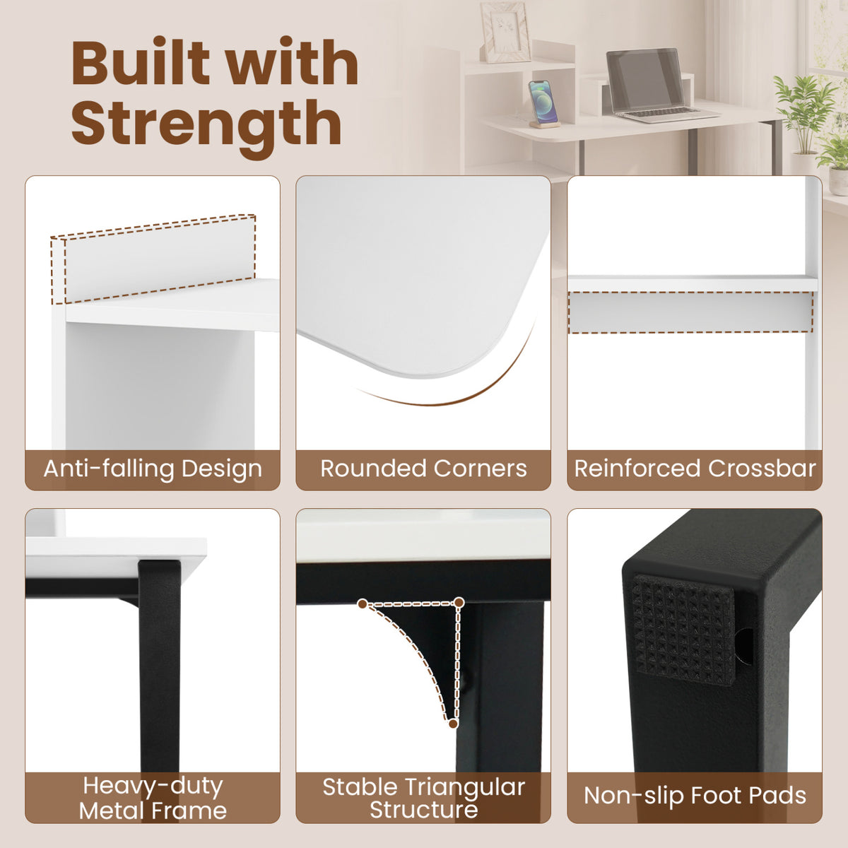 43.5" Computer Desk with Charging Station and Ergonomic Monitor Stand-White