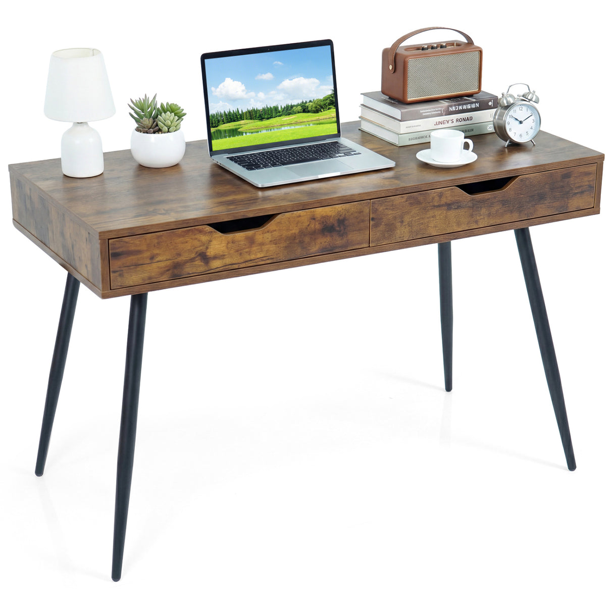 43.5 Inch Computer Desk with 2 Drawers for Small Spaces-Walnut