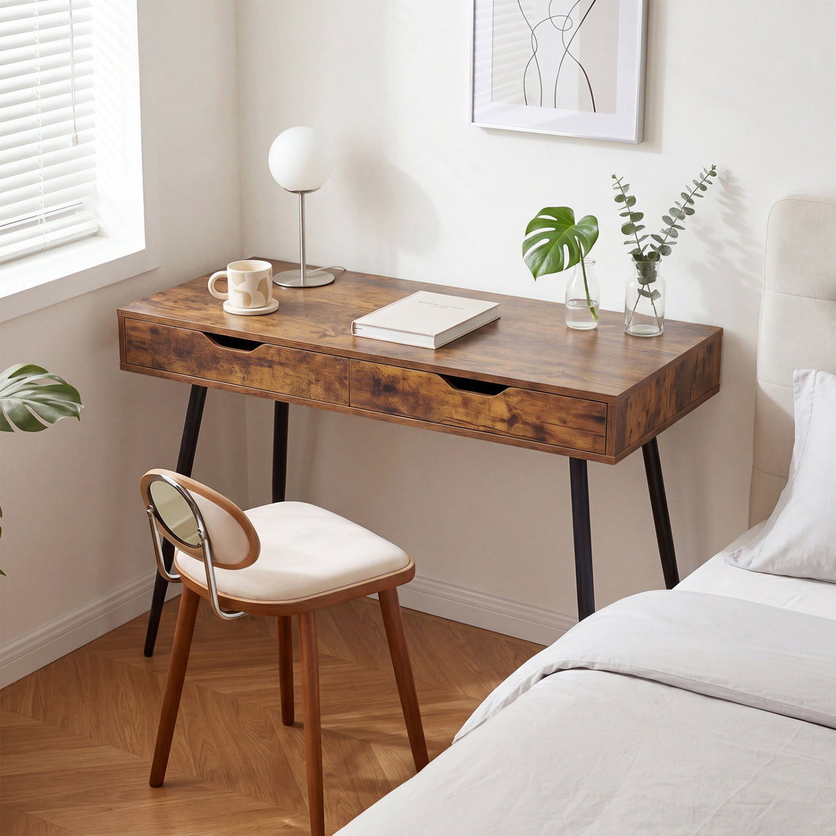 43.5 Inch Computer Desk with 2 Drawers for Small Spaces-Walnut