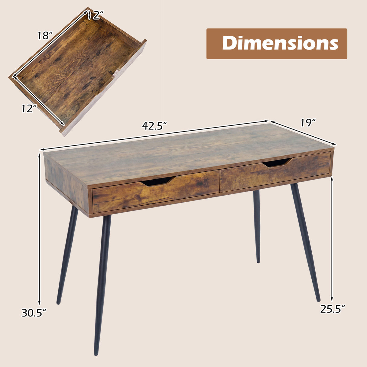 43.5 Inch Computer Desk with 2 Drawers for Small Spaces-Walnut