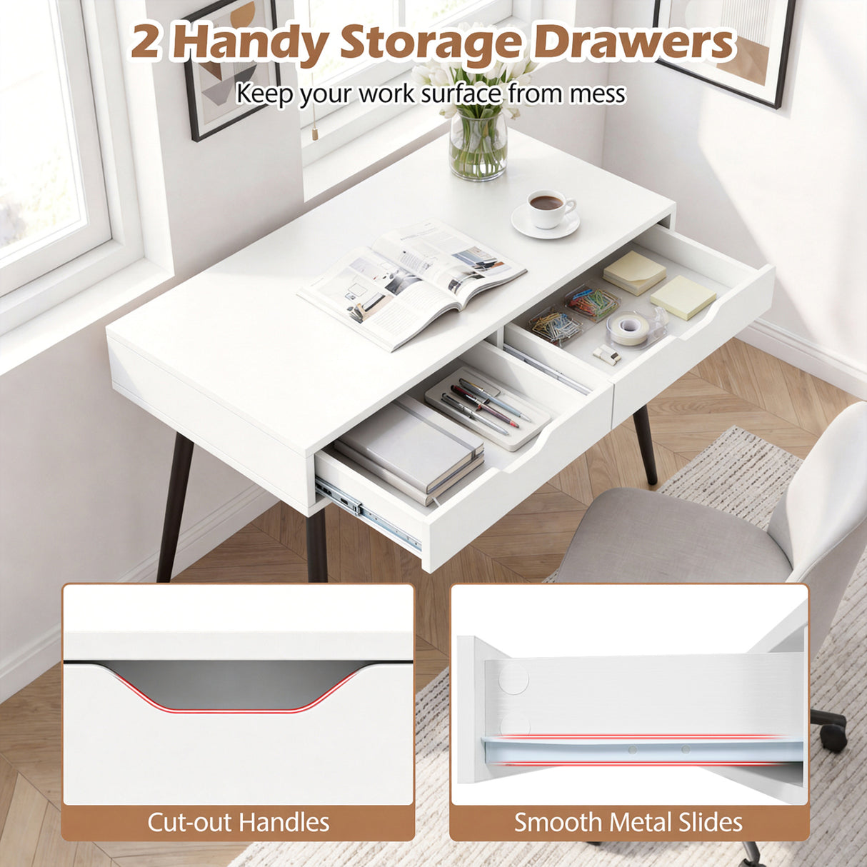 43.5 Inch Computer Desk with 2 Drawers for Small Spaces-White