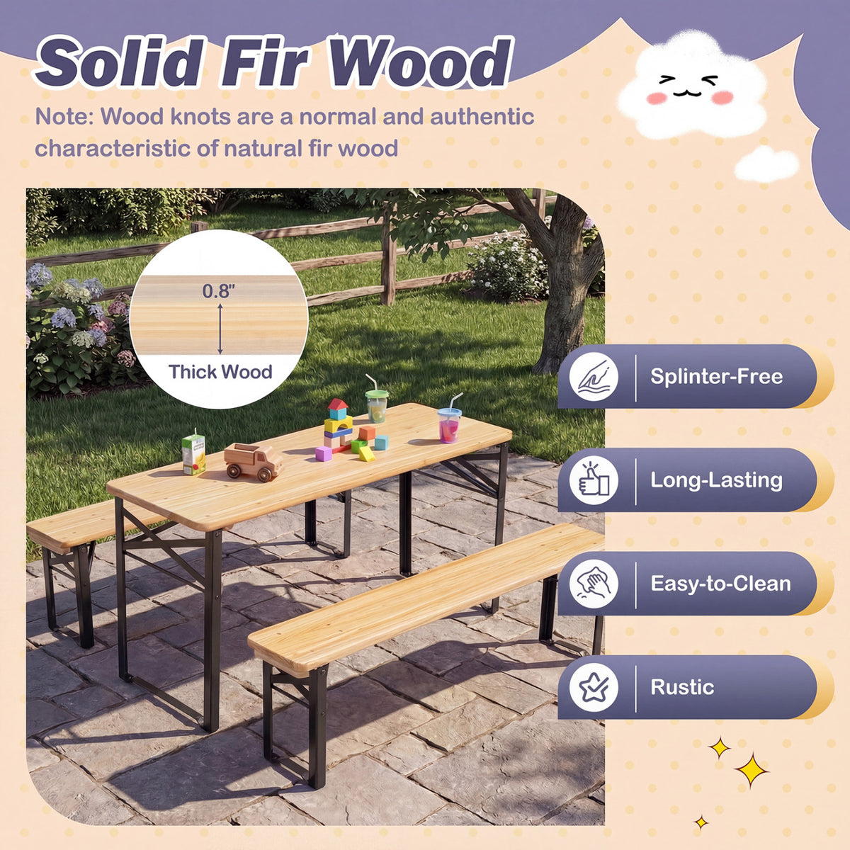 43.5 Inch Folding Kids Picnic Table & Bench Set No Assembly Wooden Toddler Table-Black