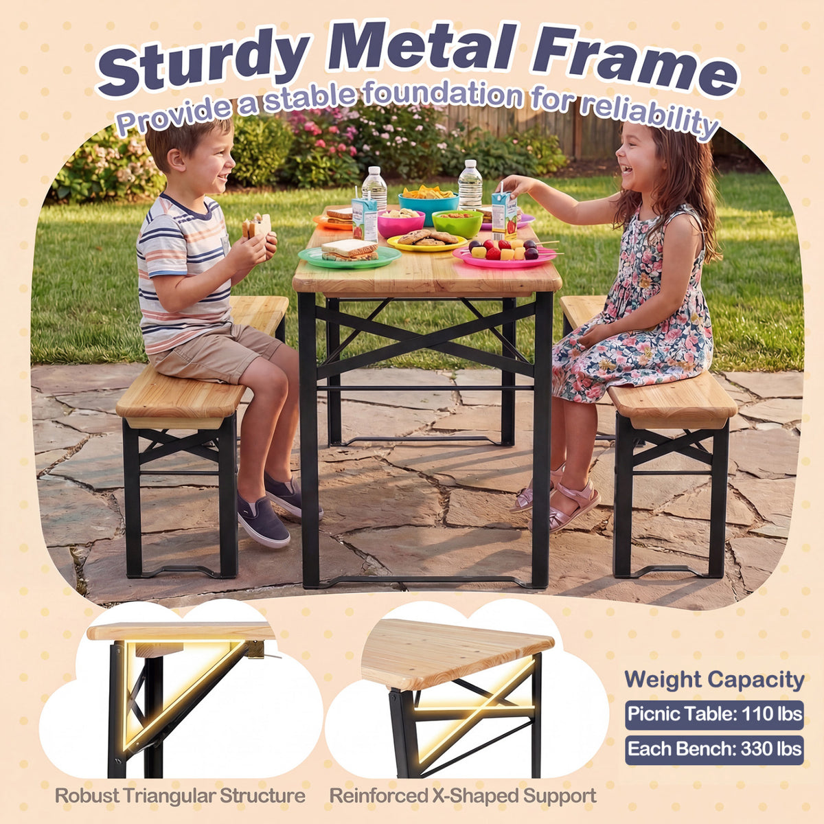 43.5 Inch Folding Kids Picnic Table & Bench Set No Assembly Wooden Toddler Table-Black