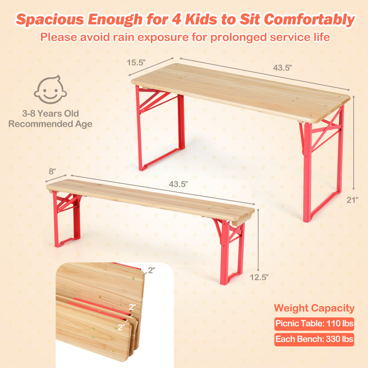 43.5 Inch Folding Kids Picnic Table & Bench Set No Assembly Wooden Toddler Table-Red