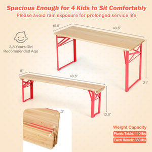 43.5 Inch Folding Kids Picnic Table & Bench Set No Assembly Wooden Toddler Table-Red