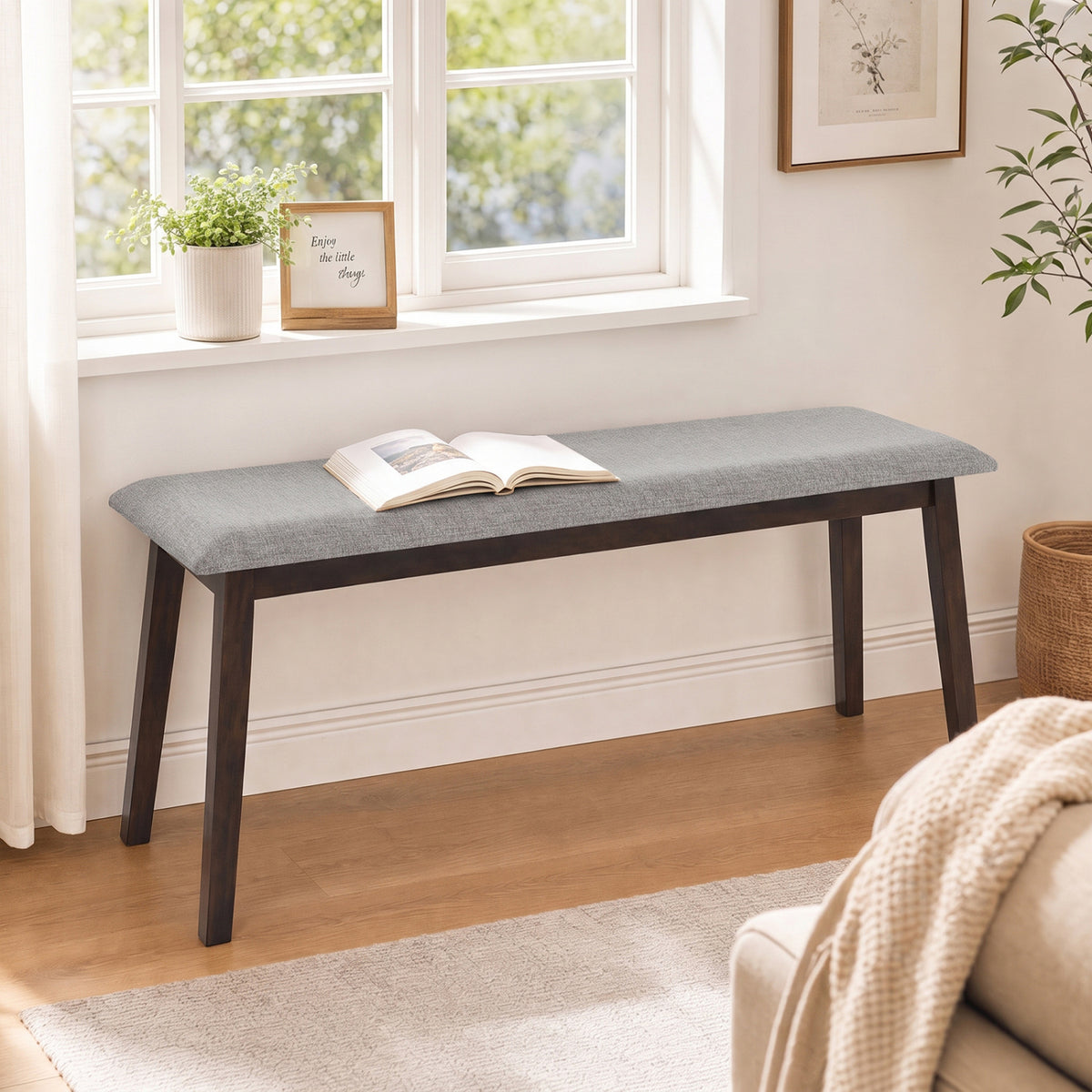 43.5 Inch Upholstered Entryway Bench with Rubber Wood Frame-Gray