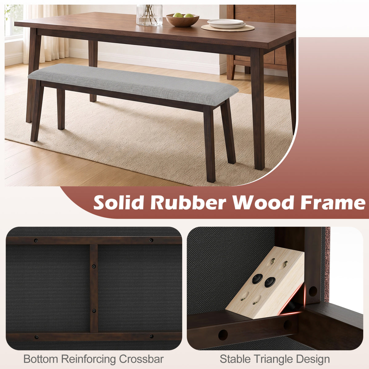 43.5 Inch Upholstered Entryway Bench with Rubber Wood Frame-Gray