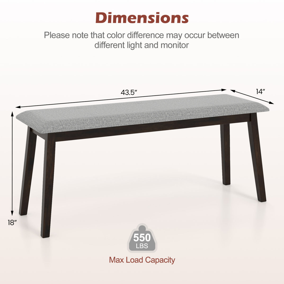 43.5 Inch Upholstered Entryway Bench with Rubber Wood Frame-Gray
