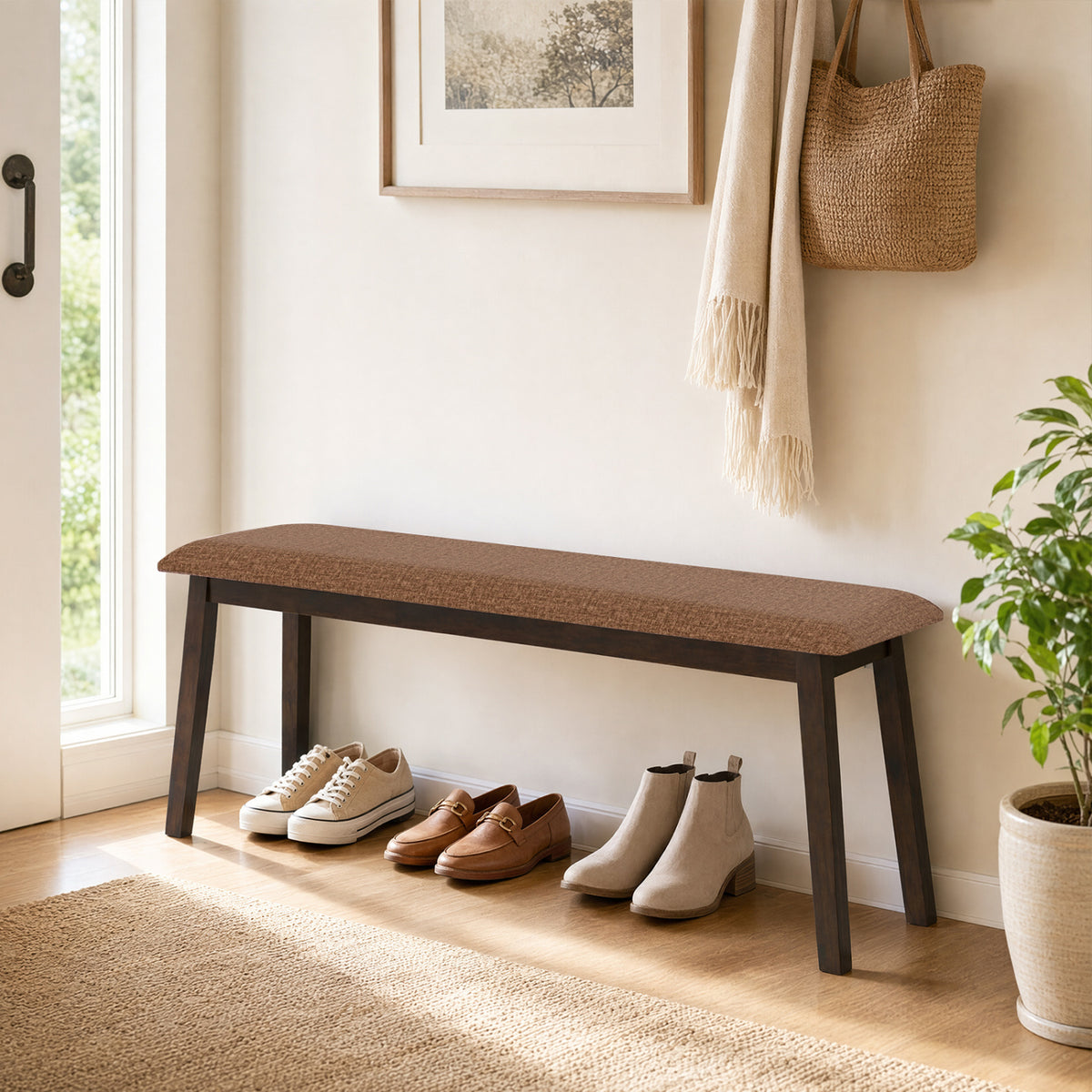 43.5 Inch Upholstered Entryway Bench with Rubber Wood Frame-Brown