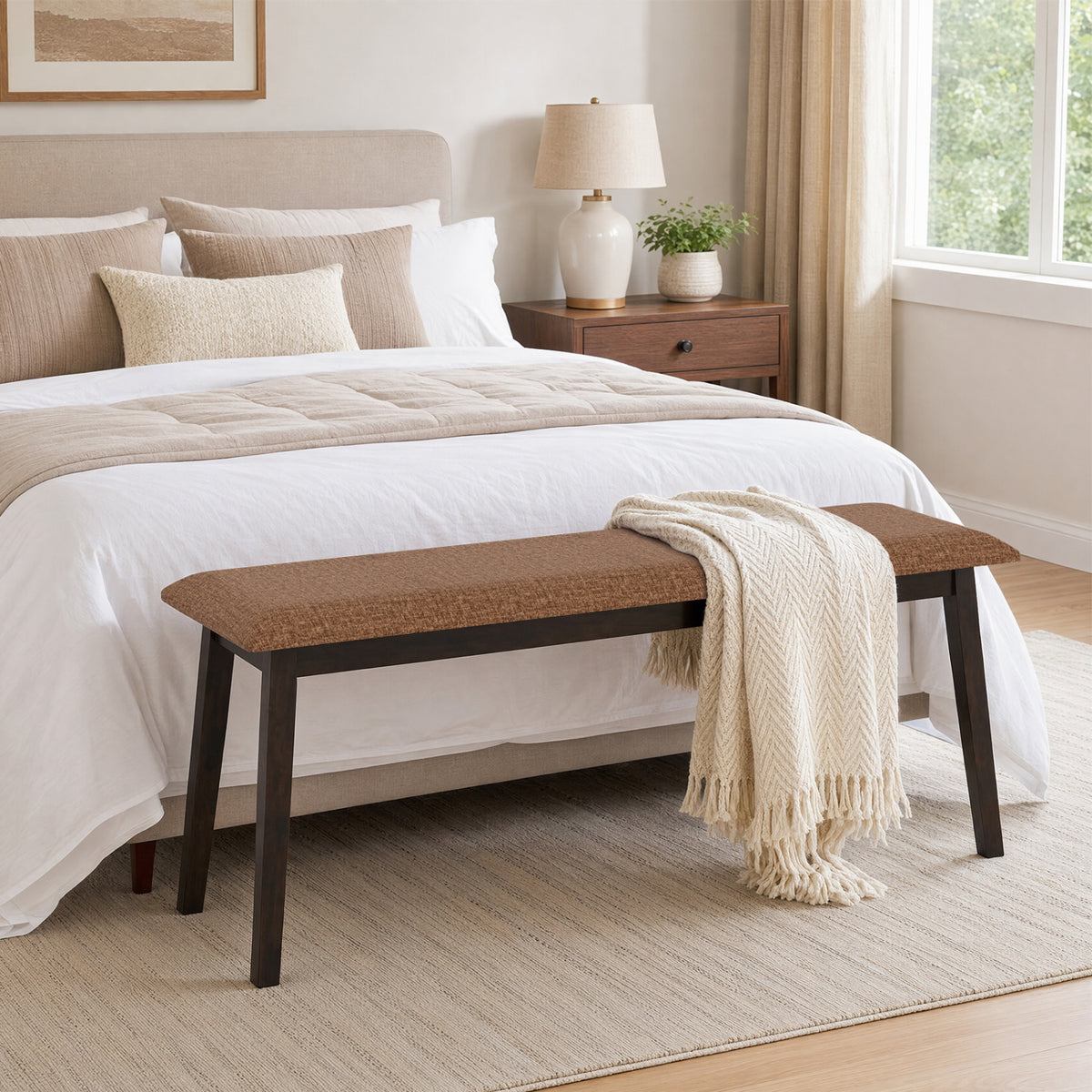 43.5 Inch Upholstered Entryway Bench with Rubber Wood Frame-Brown