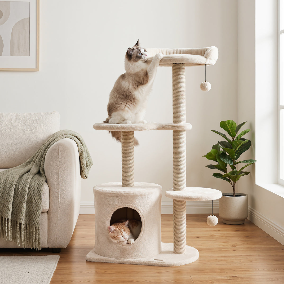43" Cat Tree for Indoor Cats with Comfy Plush Perches and Sisal Scratching Posts-Beige