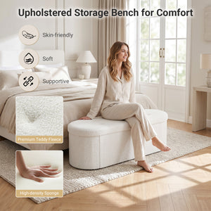 43" Folding Teddy Storage Ottoman Bench with Dividers for Living Room and Bedroom-Beige