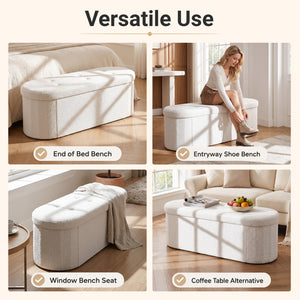 43" Folding Teddy Storage Ottoman Bench with Dividers for Living Room and Bedroom-Beige