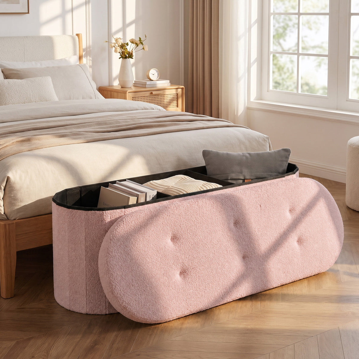 43" Folding Teddy Storage Ottoman Bench with Dividers for Living Room and Bedroom-Pink