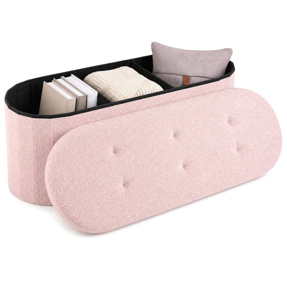 43" Folding Teddy Storage Ottoman Bench with Dividers for Living Room and Bedroom-Pink