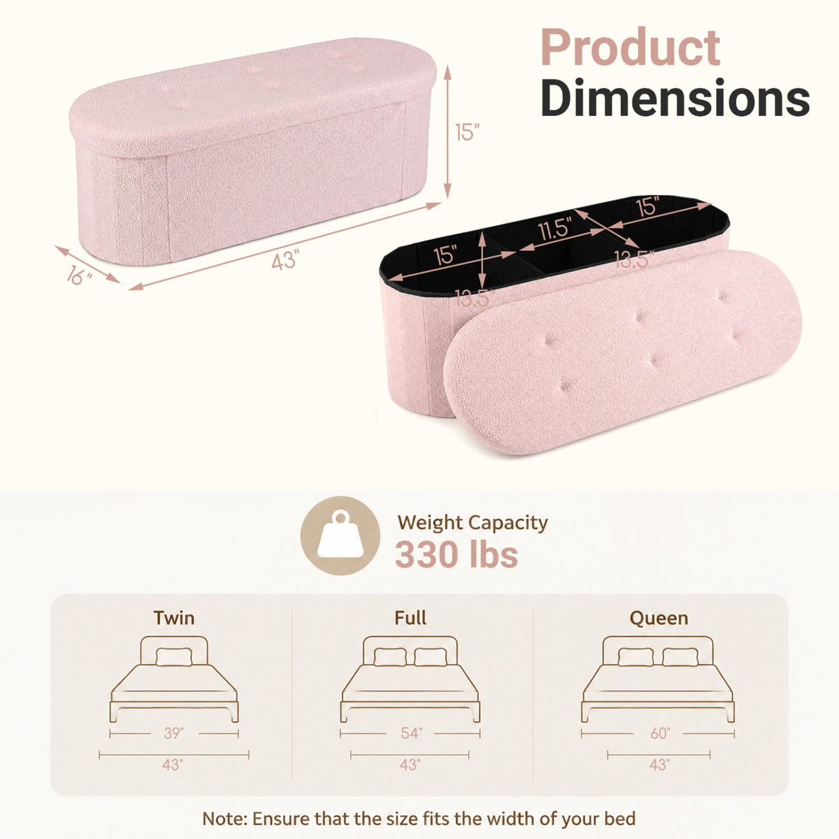 43" Folding Teddy Storage Ottoman Bench with Dividers for Living Room and Bedroom-Pink