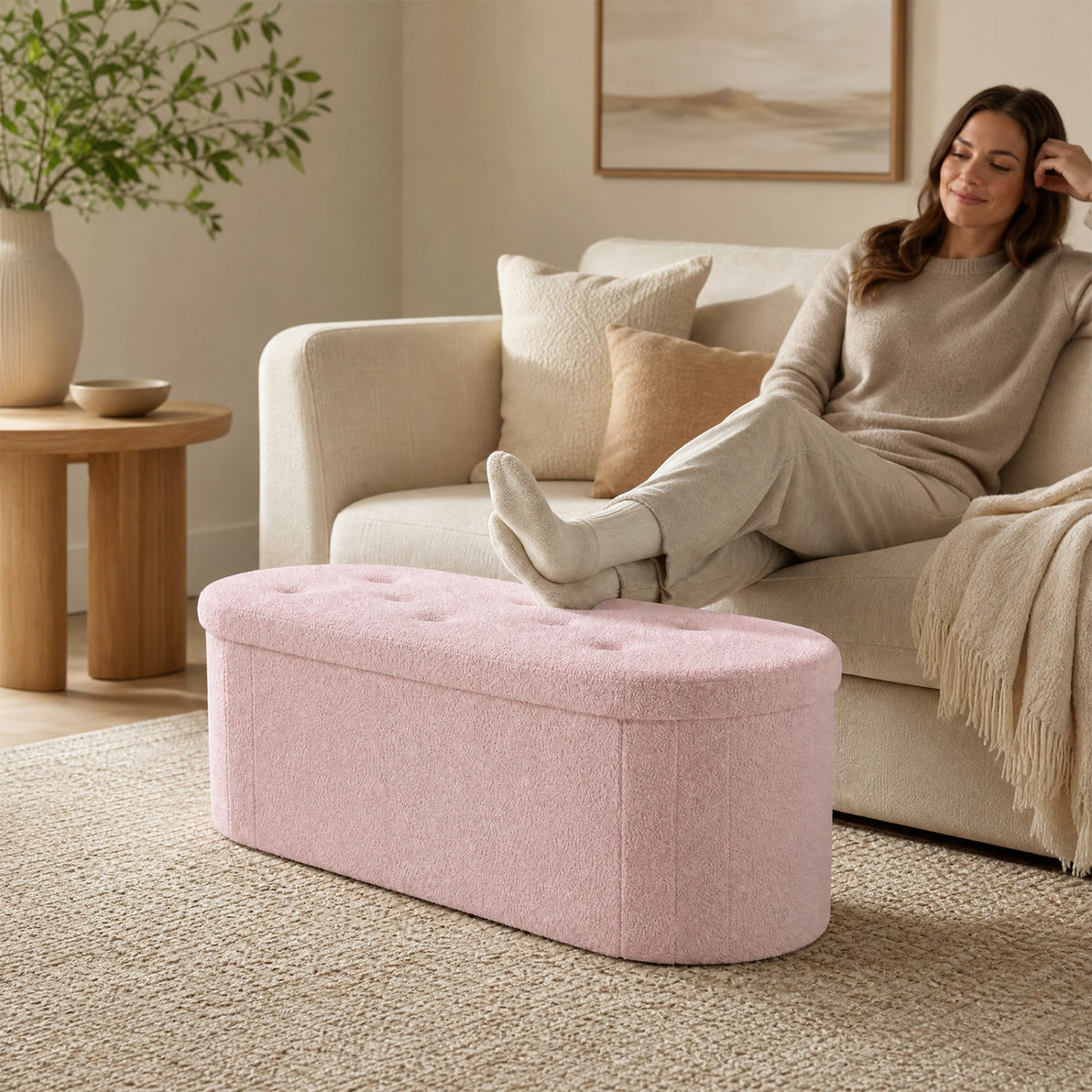 43" Folding Teddy Storage Ottoman Bench with Dividers for Living Room and Bedroom-Pink