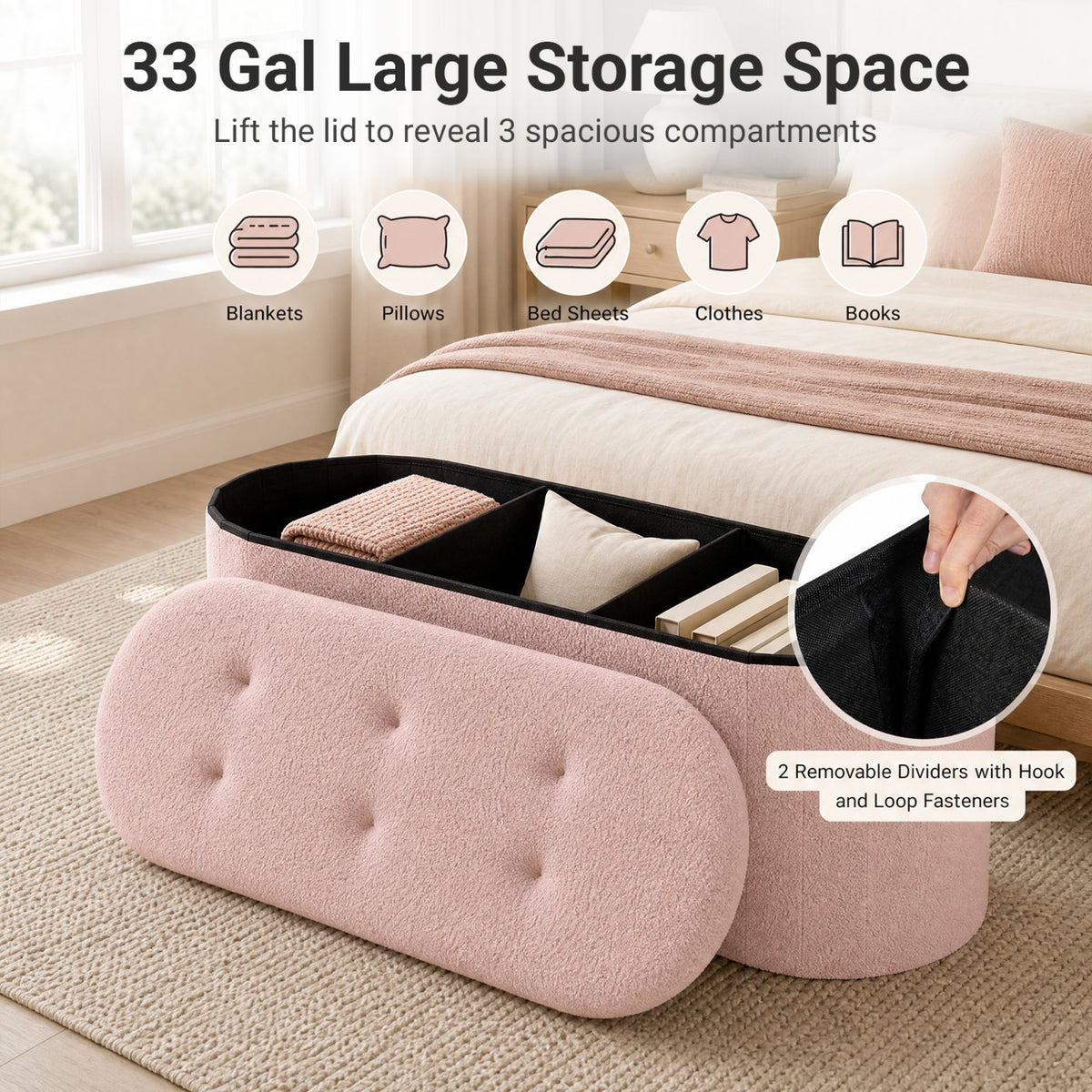 43" Folding Teddy Storage Ottoman Bench with Dividers for Living Room and Bedroom-Pink